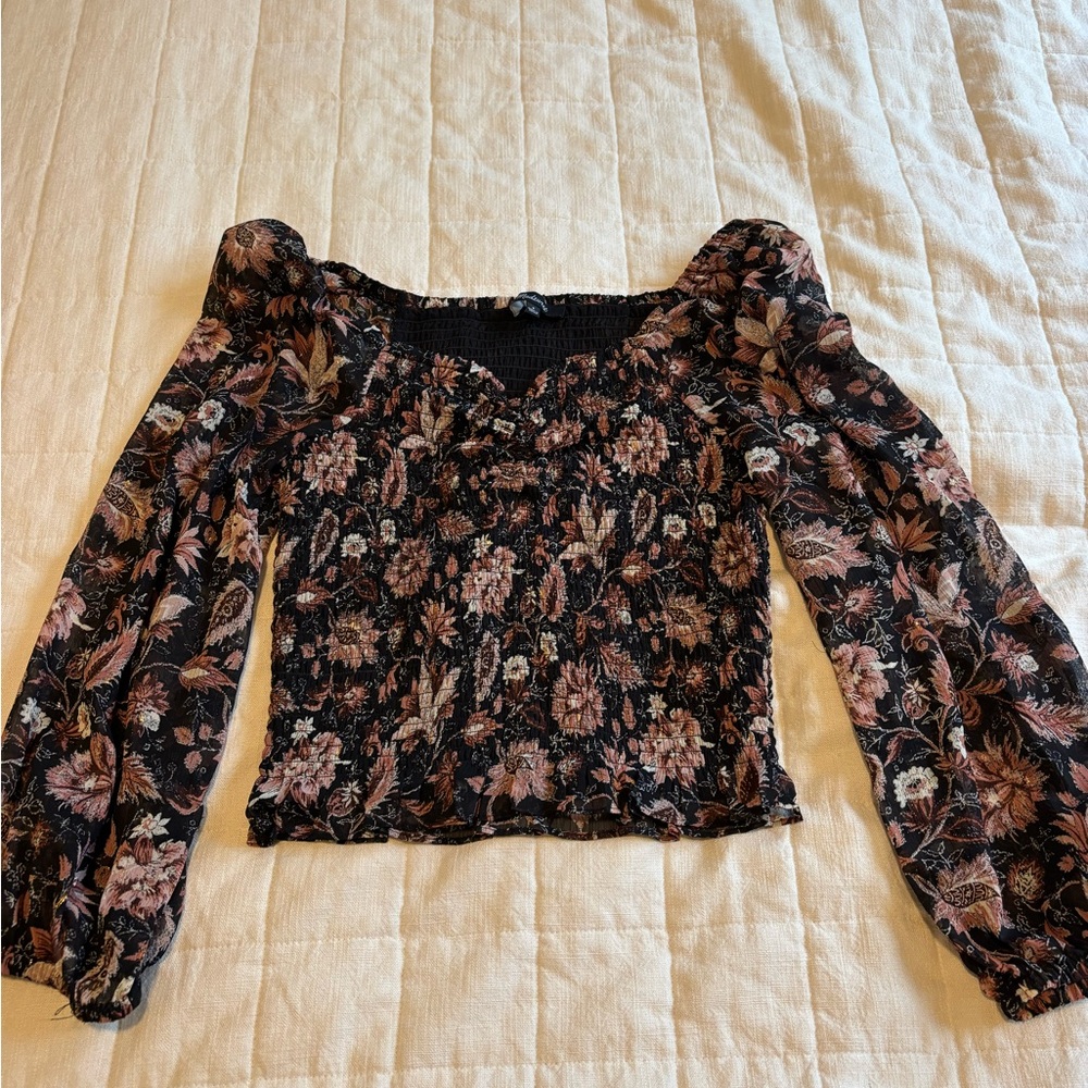 Madewell Black and Pink Smocked Crop Blouse